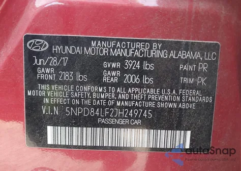 2018 Hyundai Elantra Sel z USA, uszkodzony, nr VIN 5NPD84LF2JH249745